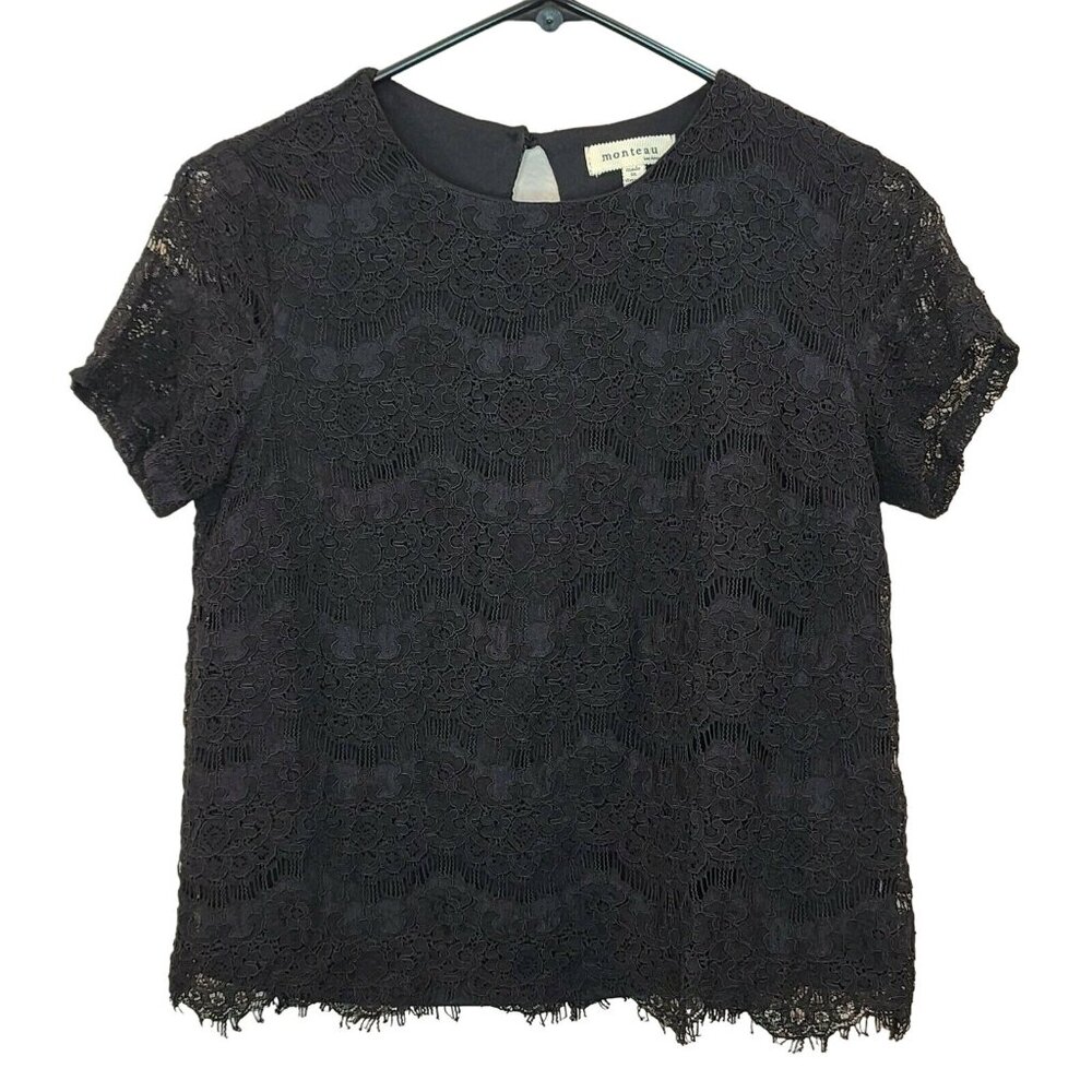 Monteau Womens Blouse Top Medium Black Floral Lace Crochet Short Sleeve Casual - Picture 1 of 12